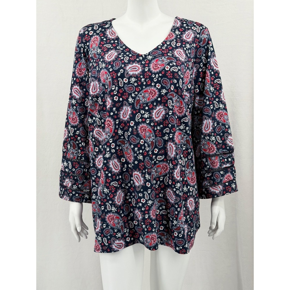 Roz & Ali Top Womens 2X Navy Red Paisley‎ Floral Stretch Boho Peasant Hippie